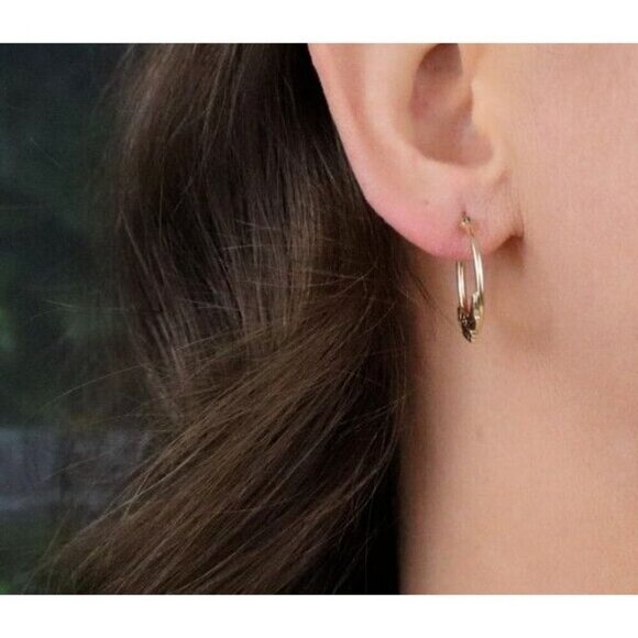 10k Yellow Gold Hoop Flower Earrings 7/8" inch Lightweight - Picture 2 of 7